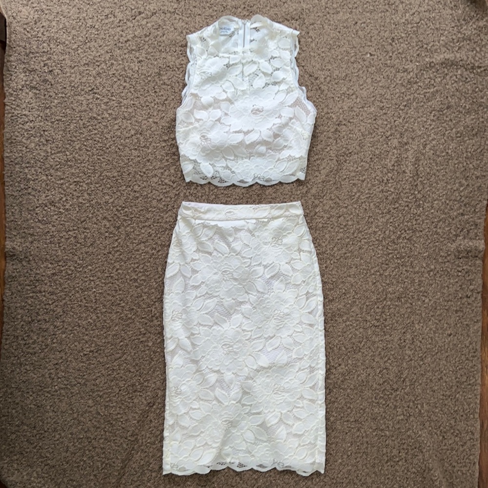 Bebe Two Piece White Lace Crop top and Lace Pencil skirt